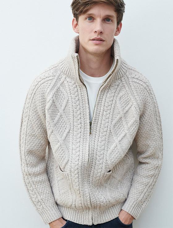 aran cashmere ‎Hand ‎Knit Zipper Cardigan with Pockets