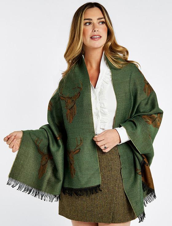 Aran Cashmere Heatherbell Wool Tweed Fringed Stole - Dusky Green
