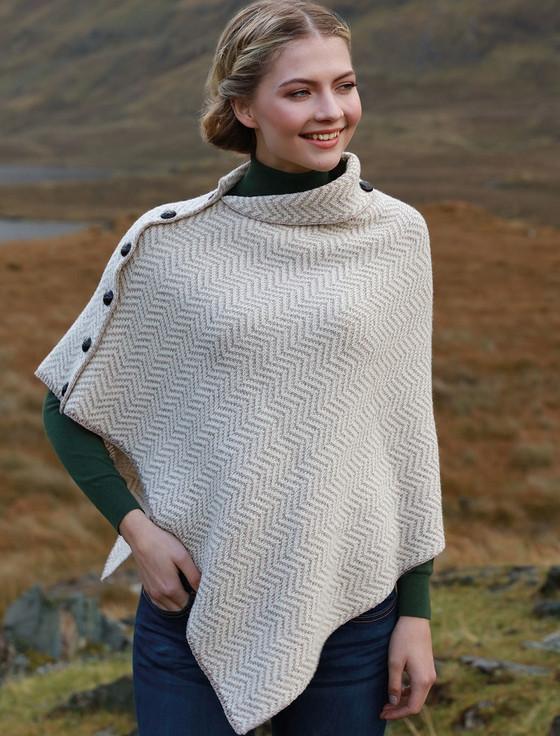 Aran Cashmere Herringbone Merino Poncho With Button Detail‎‎