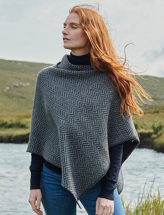 aran cashmere Herringbone Merino Poncho with Button Detail‎‎‎‎