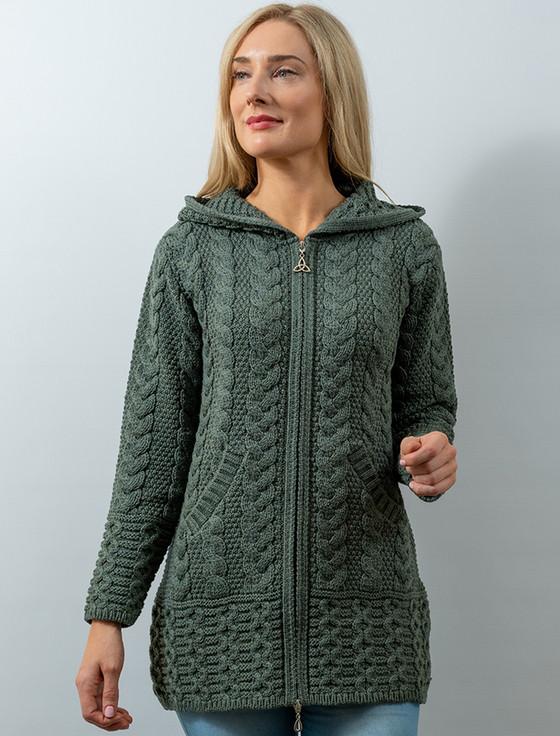 aran cashmere ‎Hoo‎ded Coatigan with Celtic Knot Zipper Pull‎‎‎