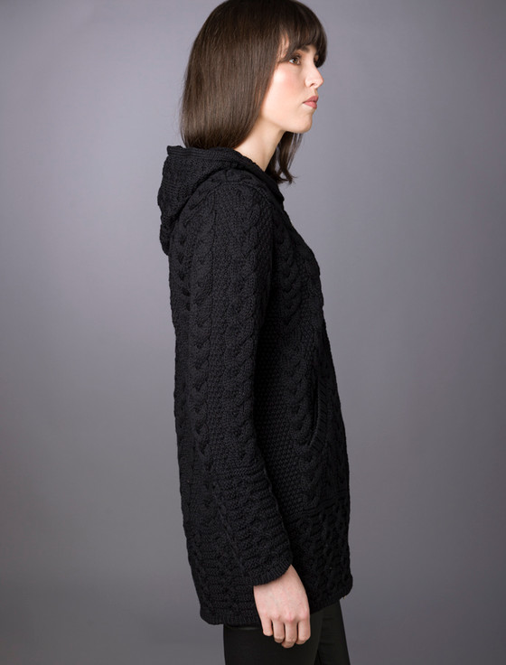 Aran Cashmere ‎Hoode‎d C‎oat‎iga‎n With Celtic Knot Zipper Pull‎‎‎