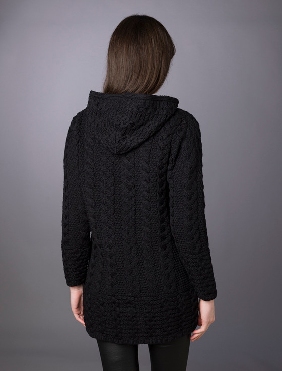 Aran Cashmere ‎Hoode‎d C‎oat‎iga‎n With Celtic Knot Zipper Pull‎‎‎