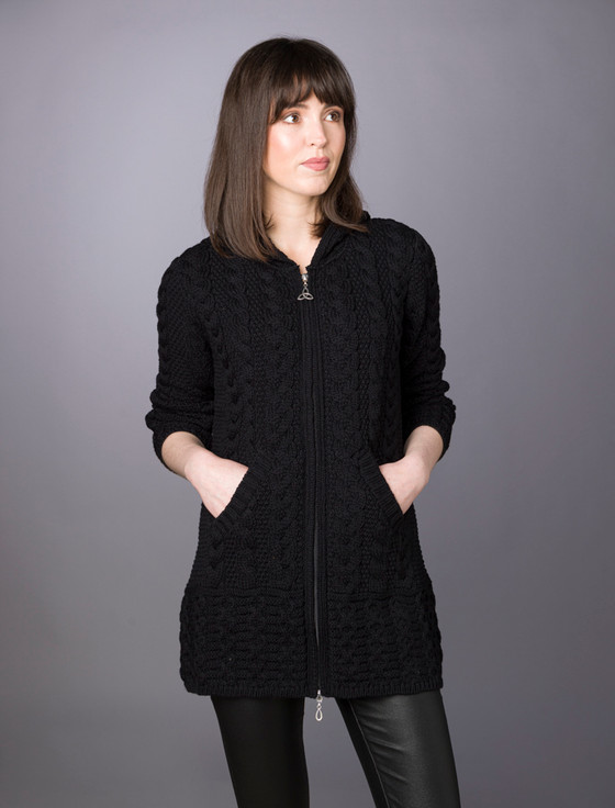 aran cashmere ‎Hoode‎d C‎oat‎iga‎n with Celtic Knot Zipper Pull‎‎‎