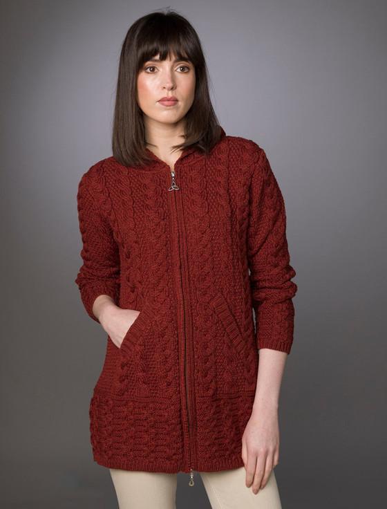 aran cashmere Hoode‎d C‎oatiga‎n with Celtic Knot Zipper Pull‎‎‎