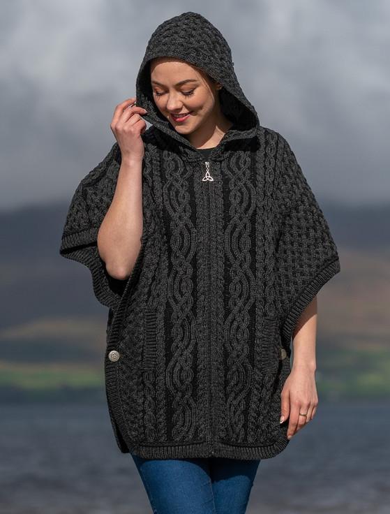 Aran Cashmere ‎Hooded Batwing Jacket ‎ With‎ Celtic Knot Zipper Pull