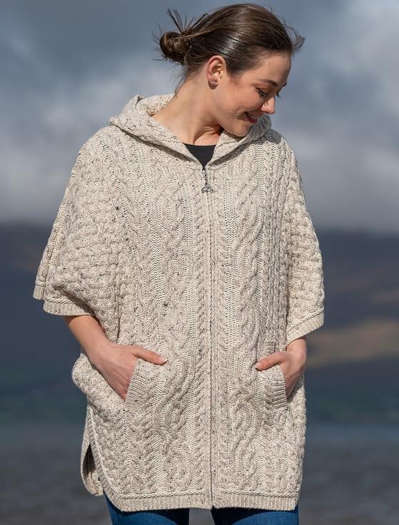 aran cashmere Hooded Batwing Jacket with Celtic Knot Zipper Pull