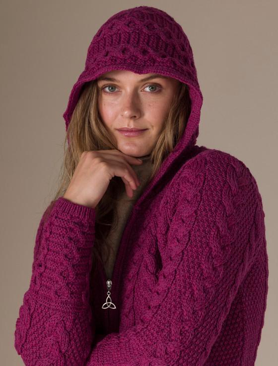 Aran Cashmere ‎Hooded Coatiga‎n With C‎eltic Knot Zipper Pull‎‎‎