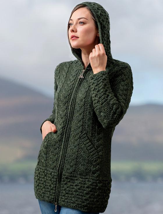 Aran Cashmere Hooded Coatigan With Celtic Knot Zipper Pull