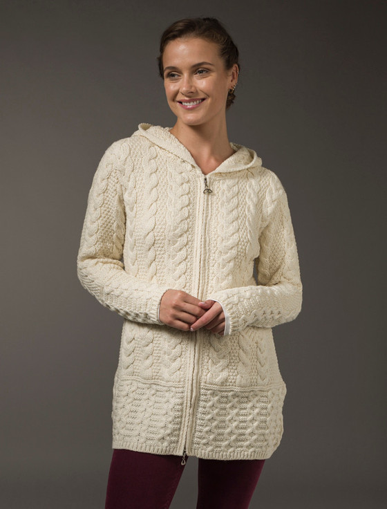 Aran Cashmere Hooded Coatigan With Celtic Knot Zipper Pull‎