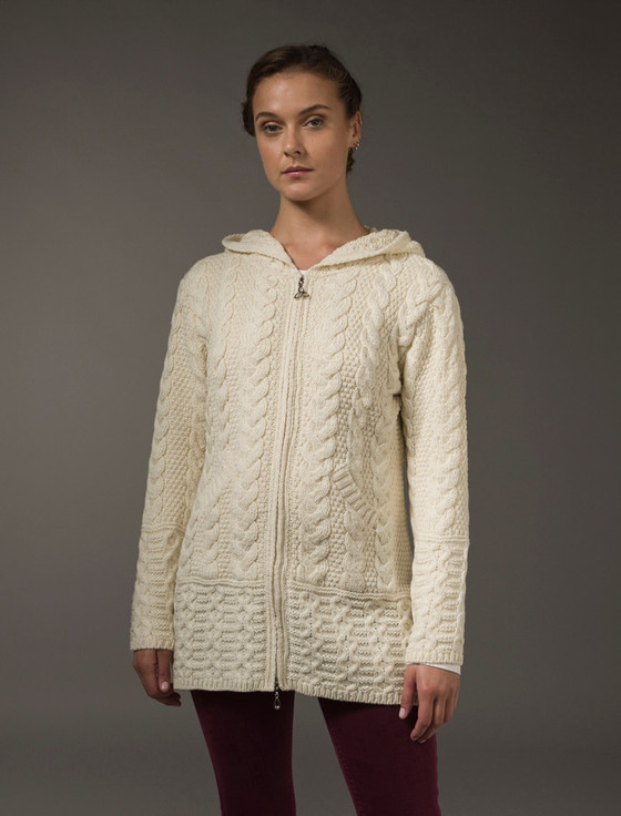 aran cashmere Hooded Coatigan with Celtic Knot Zipper Pull‎