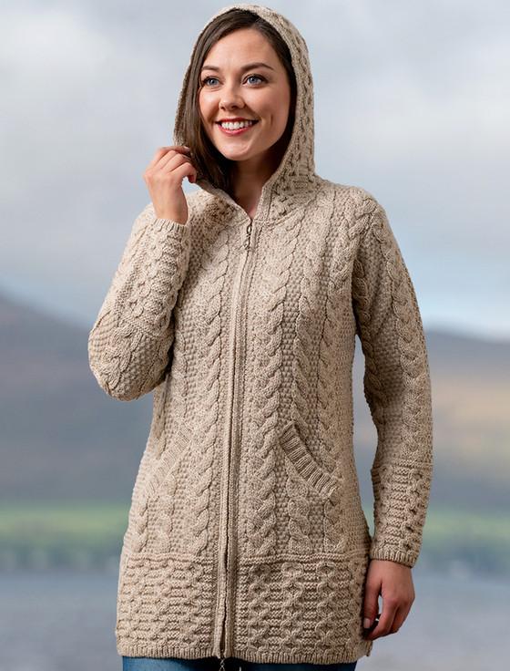 Aran Cashmere Hooded Coatigan With Celtic Knot Zipper Pull‎‎‎‎