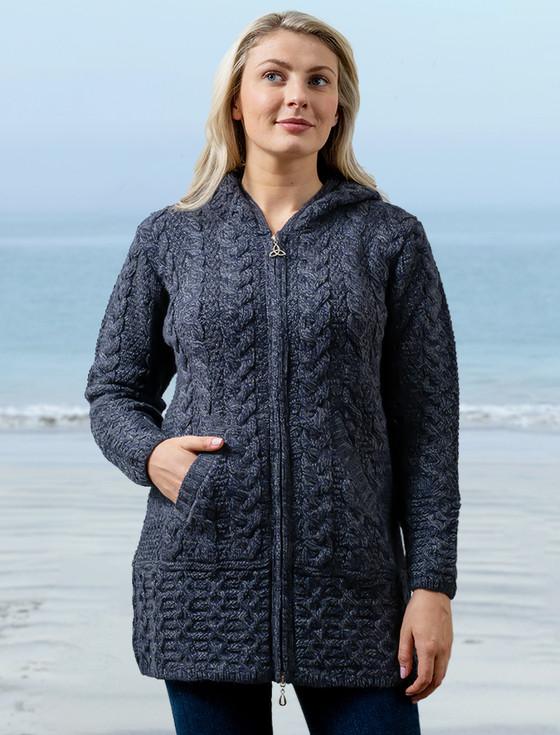 Aran Cashmere Hooded Coatigan With Celtic Knot Zipper Pull‎‎‎‎‎‎