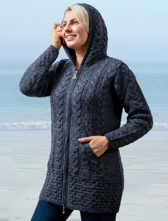 aran cashmere Hooded Coatigan with Celtic Knot Zipper Pull‎‎‎‎‎‎