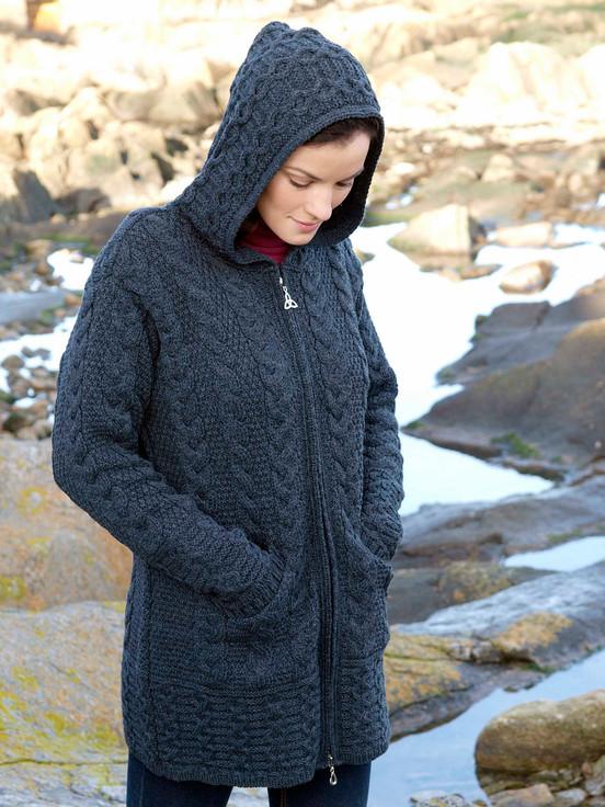 aran cashmere Hooded Coatigan with Celtic Knot Zipper Pull‎‎‎