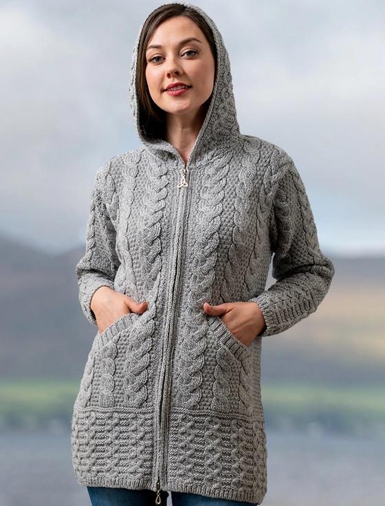aran cashmere Hooded Coatigan with Celtic Knot Zipper Pull‎‎‎‎‎‎‎