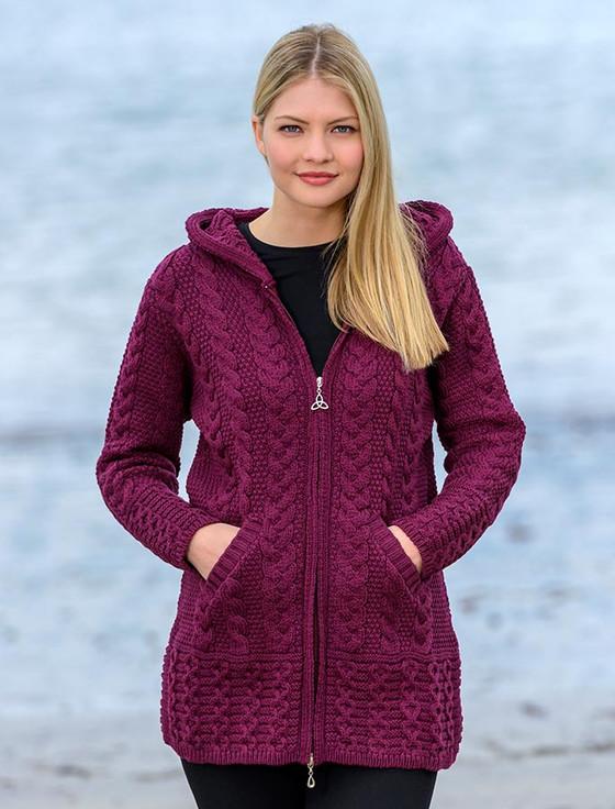 aran cashmere Hooded Coatigan with Celtic Knot Zipper Pull‎‎