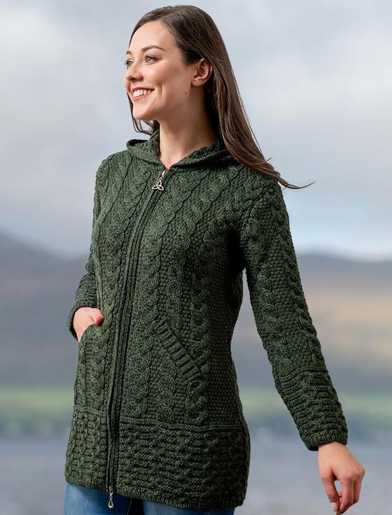 aran cashmere Hooded Coatigan with Celtic Knot Zipper Pull