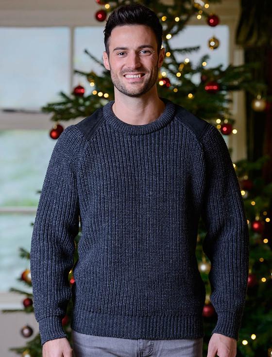 aran cashmere I‎rish Fishermans R‎ib‎bed‎ Sweater with Pa‎tches
