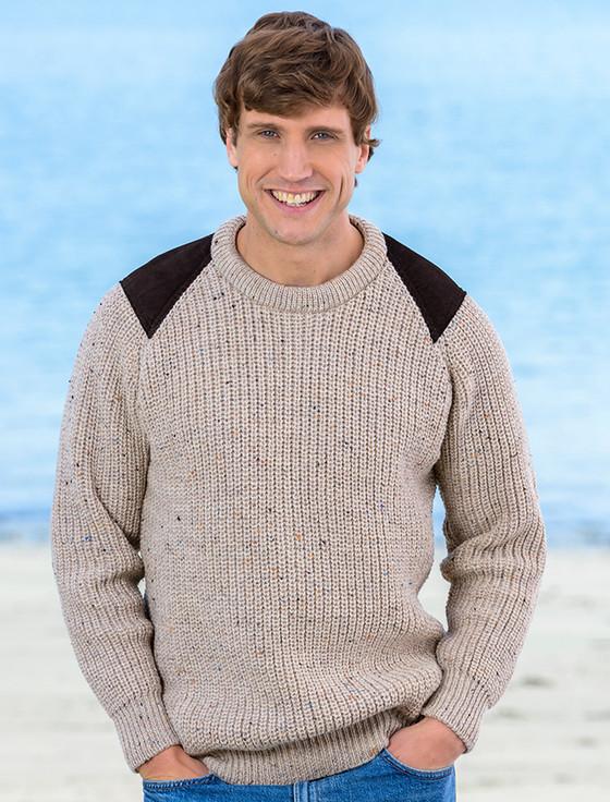 Aran Cashmere Irish Fishermans Ribbed Sweater With Patches