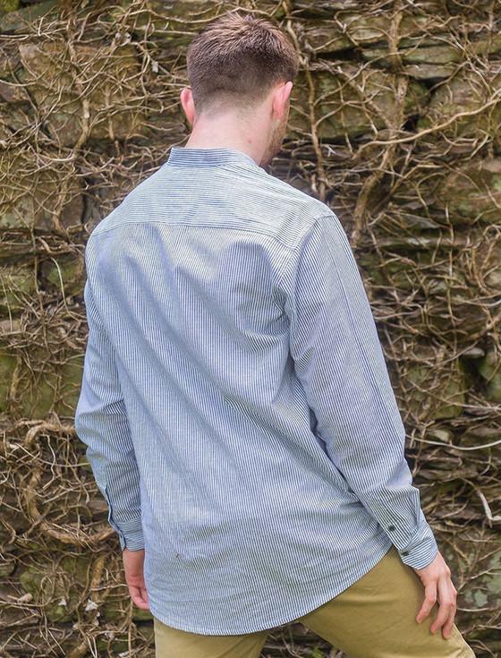 Aran Cashmere Irish Linen Grandfather Shirt - Navy & White Stripe
