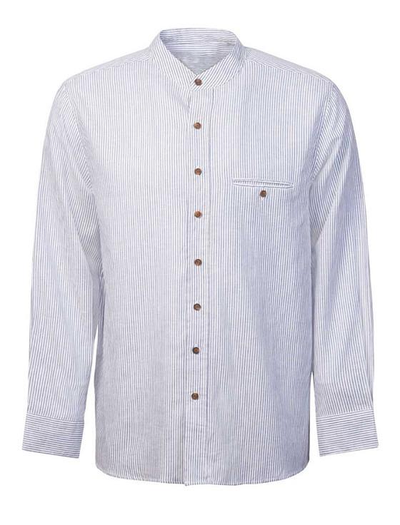 Aran Cashmere Irish Linen Grandfather Shirt - Navy & White Stripe