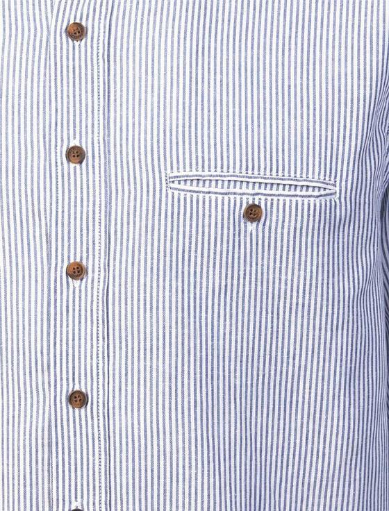 Aran Cashmere Irish Linen Grandfather Shirt - Navy & White Stripe