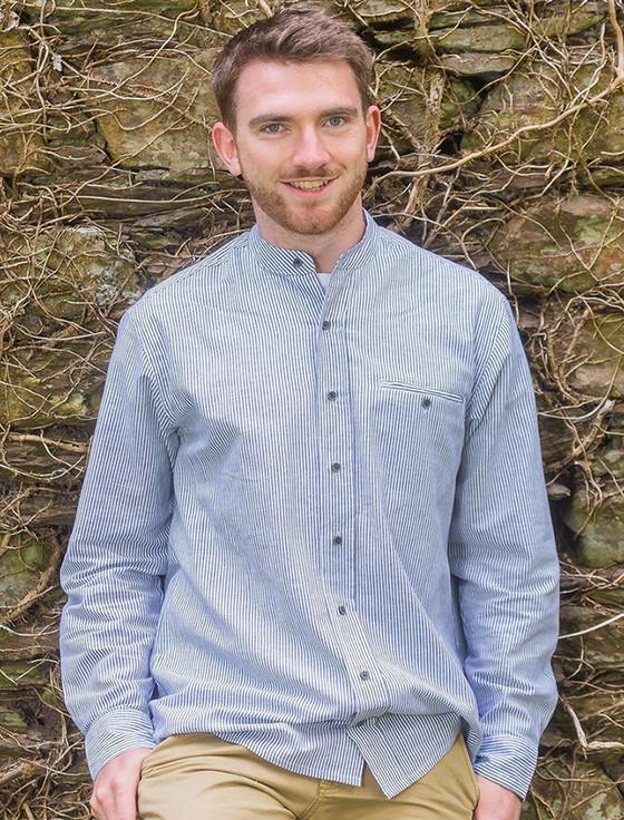 aran cashmere Irish Linen Grandfather Shirt - Navy & White Stripe
