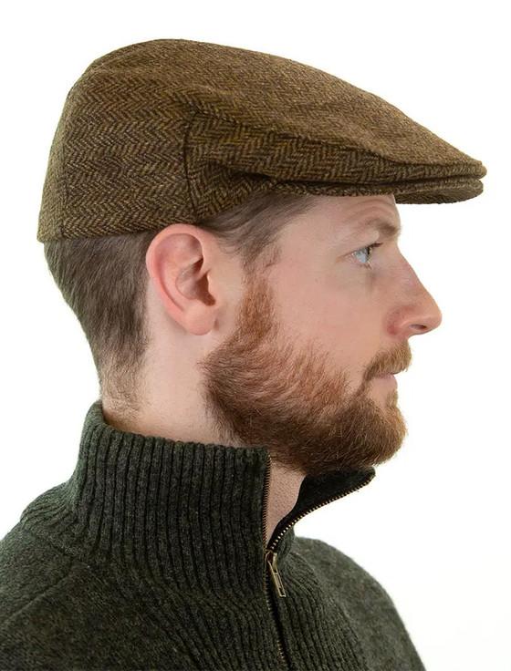 Aran Cashmere Irish Tweed Flat Cap - Beige & Brown Herringbone