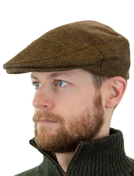 aran cashmere Irish Tweed Flat Cap - Beige & Brown Herringbone