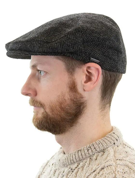 Aran Cashmere Irish Tweed Flat Cap - Charcoal/Black Herringbone