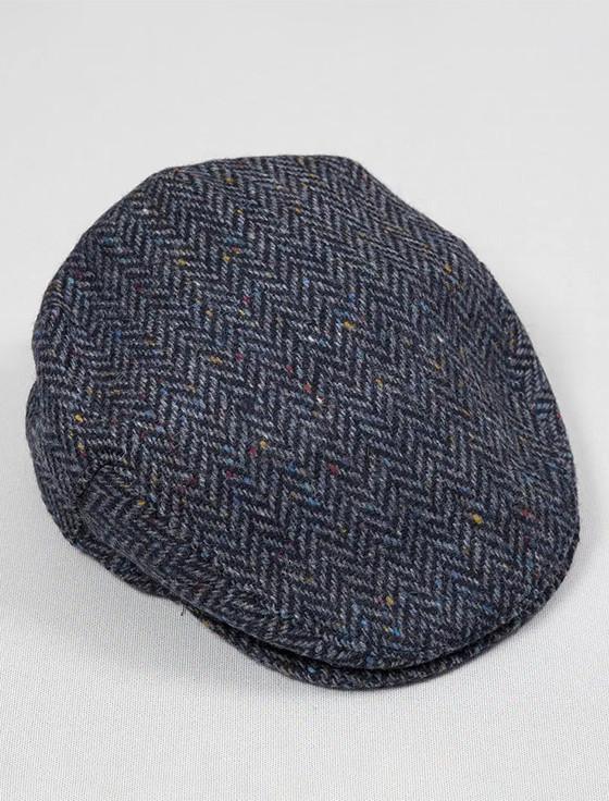 Aran Cashmere Irish Tweed Flat Cap - Navy Herringbone