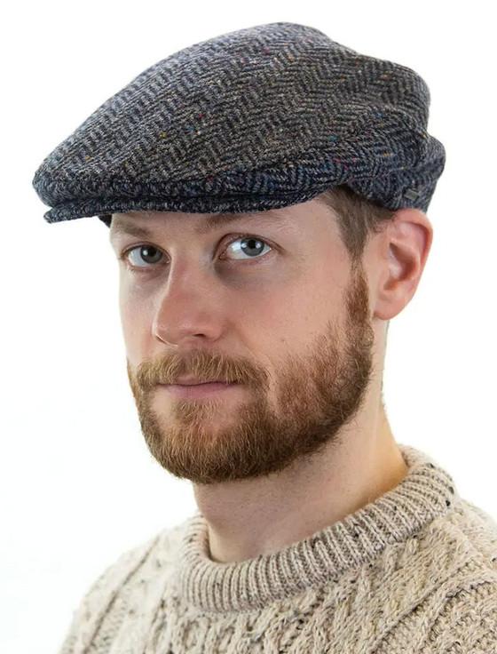 aran cashmere Irish Tweed Flat Cap - Navy Herringbone