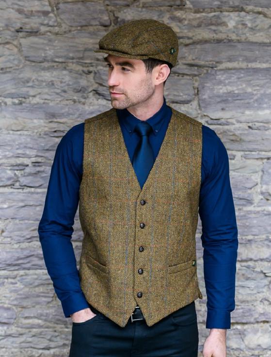 Aran Cashmere Irish Tweed Herringbone Waistcoat - Brown & Blue/Red Check