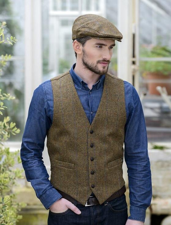 aran cashmere Irish Tweed Herringbone Waistcoat - Brown & Blue/Red Check