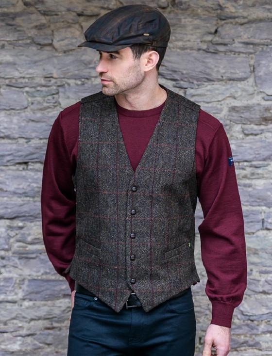 Aran Cashmere Irish Tweed Herringbone Waistcoat - Brown & Red
