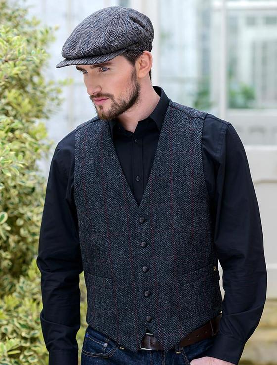 Aran Cashmere Irish Tweed Herringbone Waistcoat - Charcoal & Red