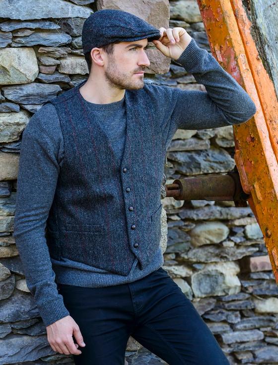 Aran Cashmere Irish Tweed Herringbone Waistcoat - Charcoal & Red
