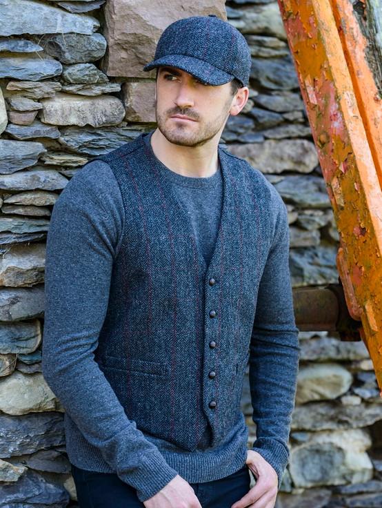 Aran Cashmere Irish Tweed Herringbone Waistcoat - Charcoal & Red