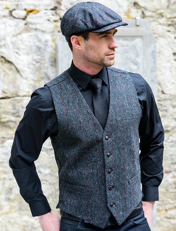 aran cashmere Irish Tweed Herringbone Waistcoat - Charcoal & Red