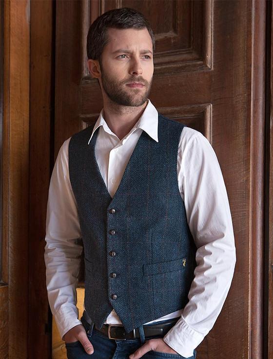 Aran Cashmere Irish Tweed Herringbone Waistcoat - Denim & Rust Check