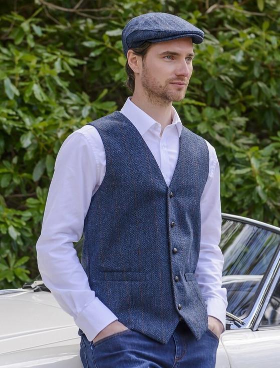 aran cashmere Irish Tweed Herringbone Waistcoat - Denim & Rust Check