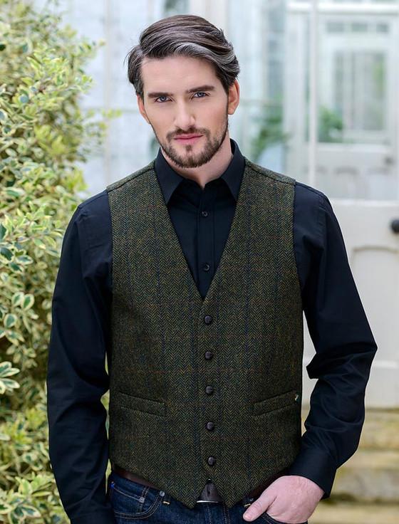 Aran Cashmere Irish Tweed Herringbone Waistcoat - Forest Green