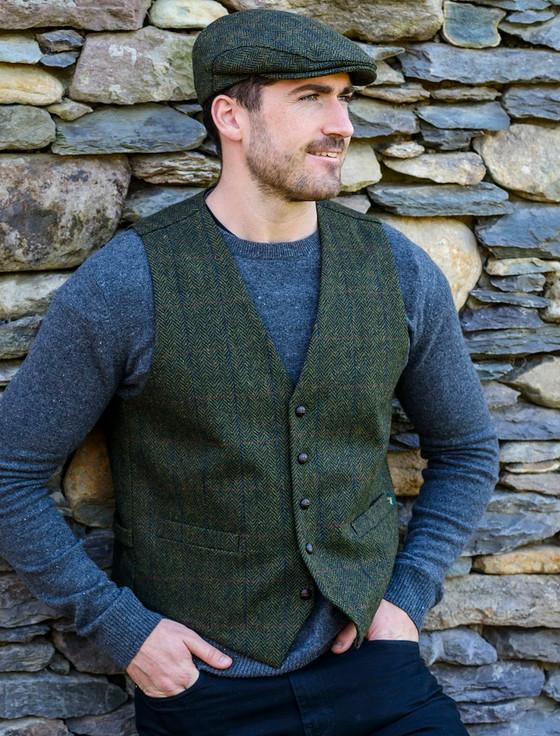 Aran Cashmere Irish Tweed Herringbone Waistcoat - Forest Green