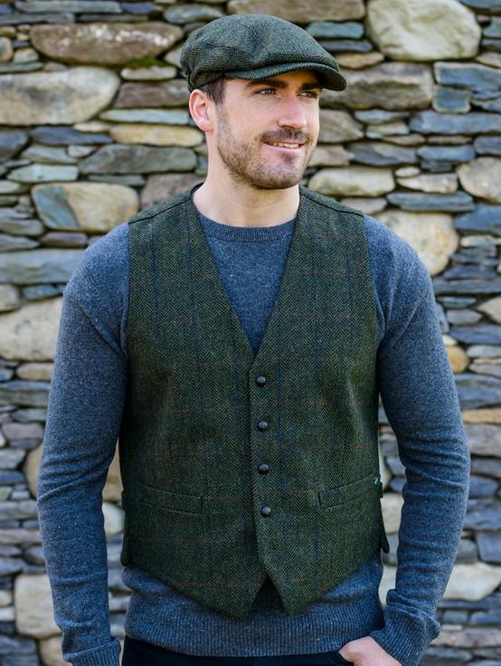 aran cashmere Irish Tweed Herringbone Waistcoat - Forest Green