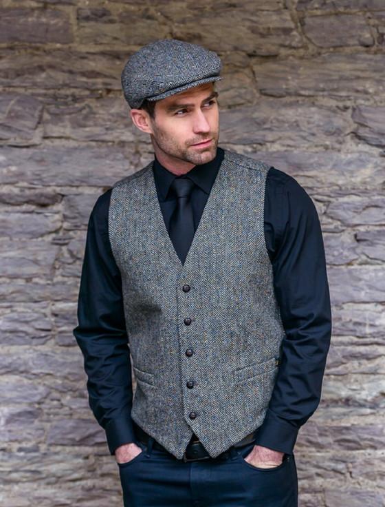 Aran Cashmere Irish Tweed Herringbone Waistcoat - Grey
