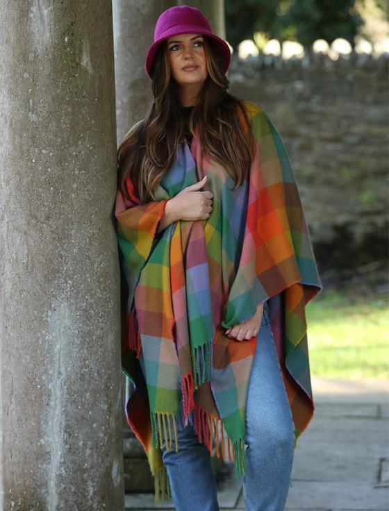 Aran Cashmere Irish Tweed Twill Fringed Ruana - Sunshine Check
