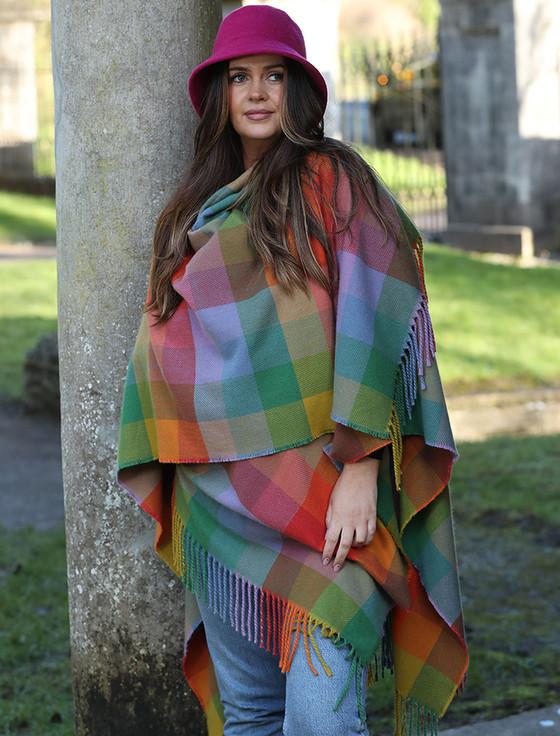 aran cashmere Irish Tweed Twill Fringed Ruana - Sunshine Check