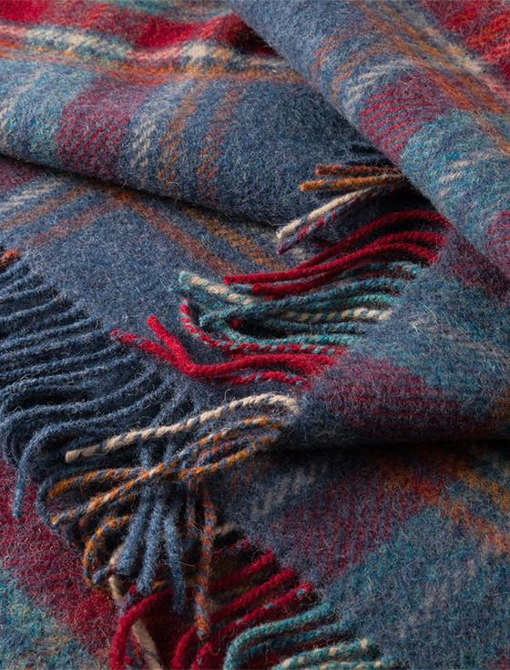 Aran Cashmere Irish Wool Picnic Throw - Denim Red & Rust