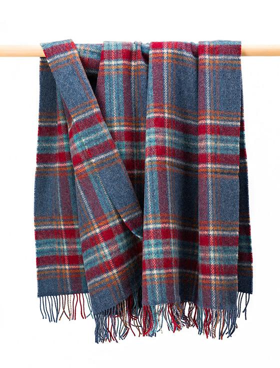 aran cashmere Irish Wool Picnic Throw - Denim Red & Rust